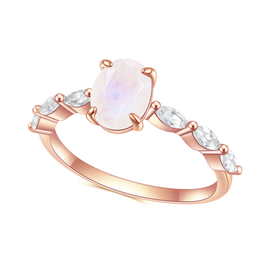 Oval Natural Moonstone and Marquise Zircon Silver Ring