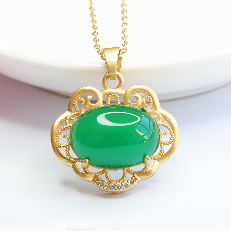 Ethnic Style Jewelry Oval Emperor Green Chalcedony Hollow Ruyi Pendant Necklace