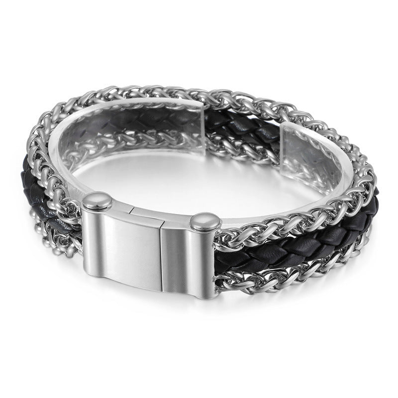 Planderful Leather Woven Titanium Mens Bracelet Chain