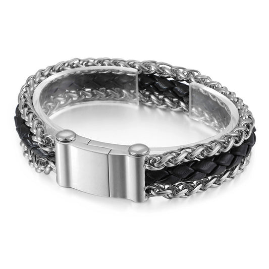 Planderful Leather Woven Titanium Mens Bracelet Chain