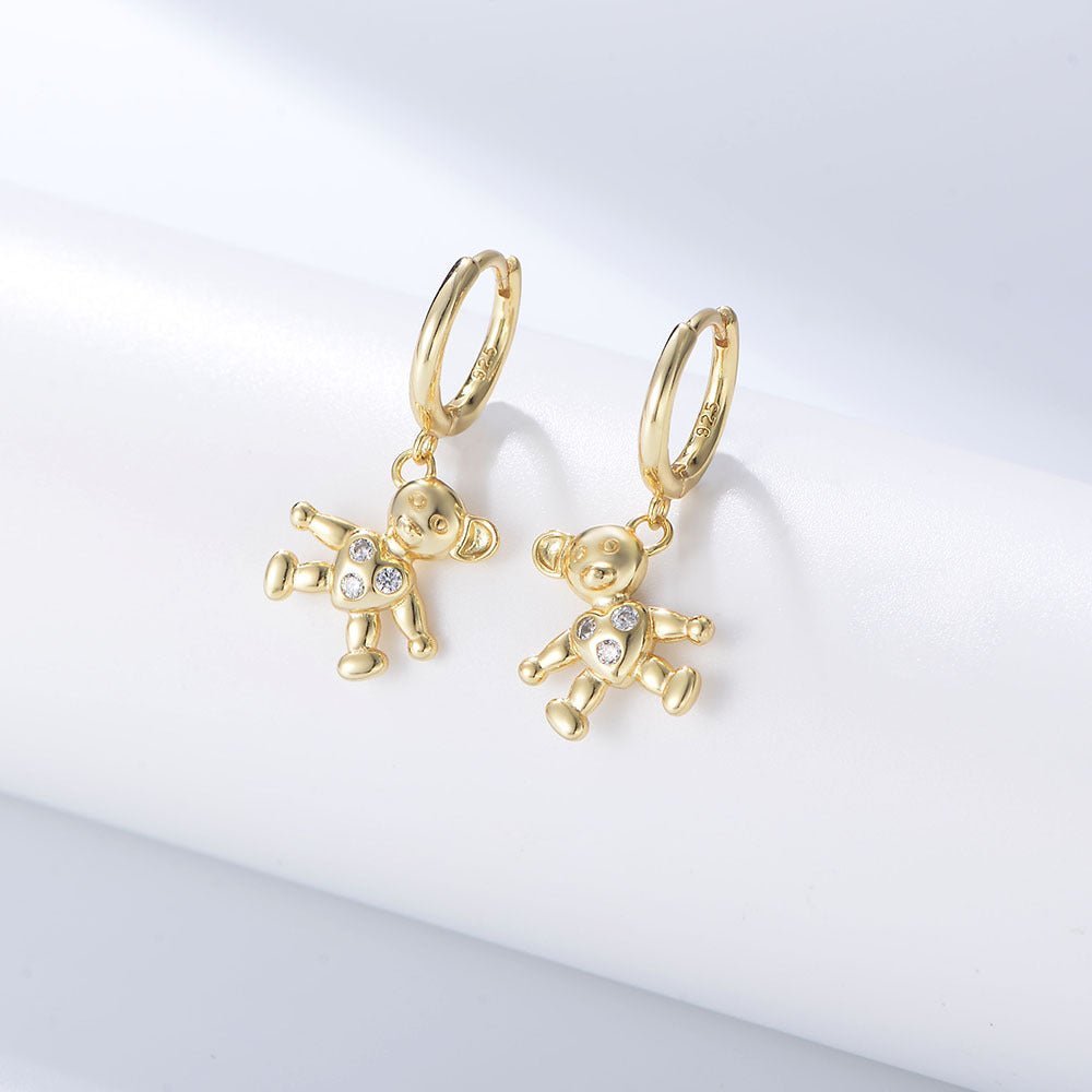 S925 Sterling Silver Sweet And Cute Three-Dimensional Love Bear Pendant Earrings Japanese And