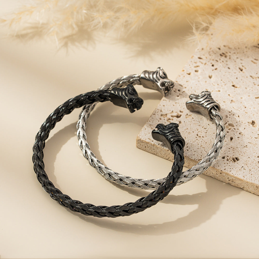 Planderful Everyday Genie Men's Tiger Head Stainless Steel Woven Bracelet Domineering Open Cuff Jewelry