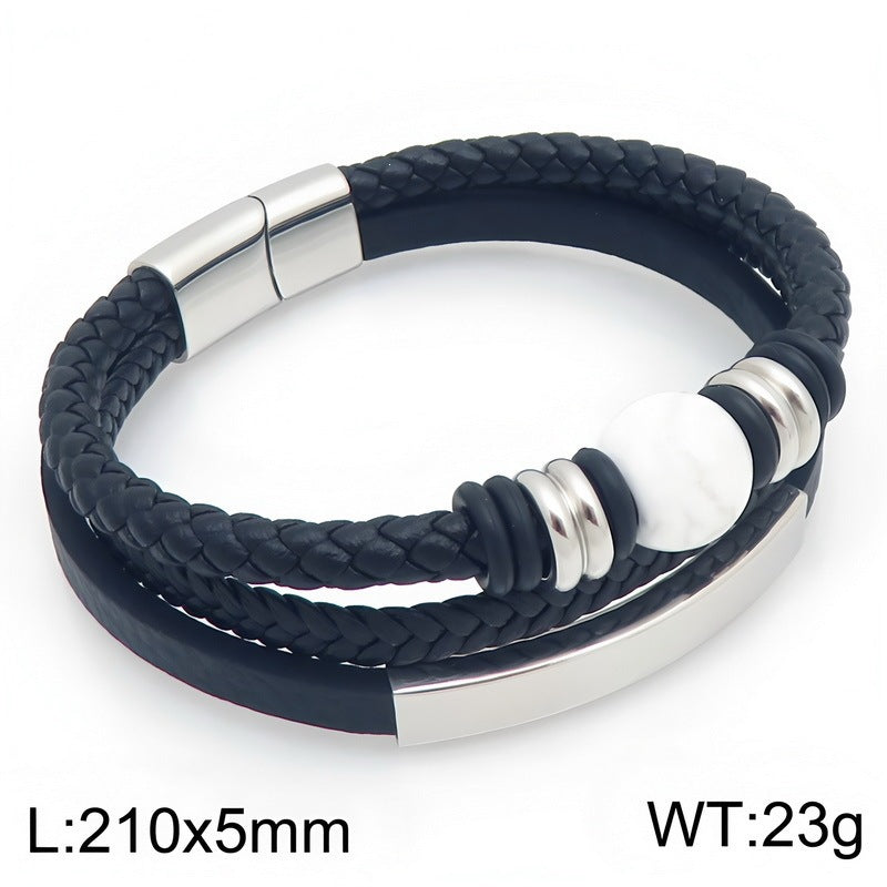 Turquoise Tiger's Eye Stone Multi-Layer Woven Leather Bracelet Lettering Curved Bar