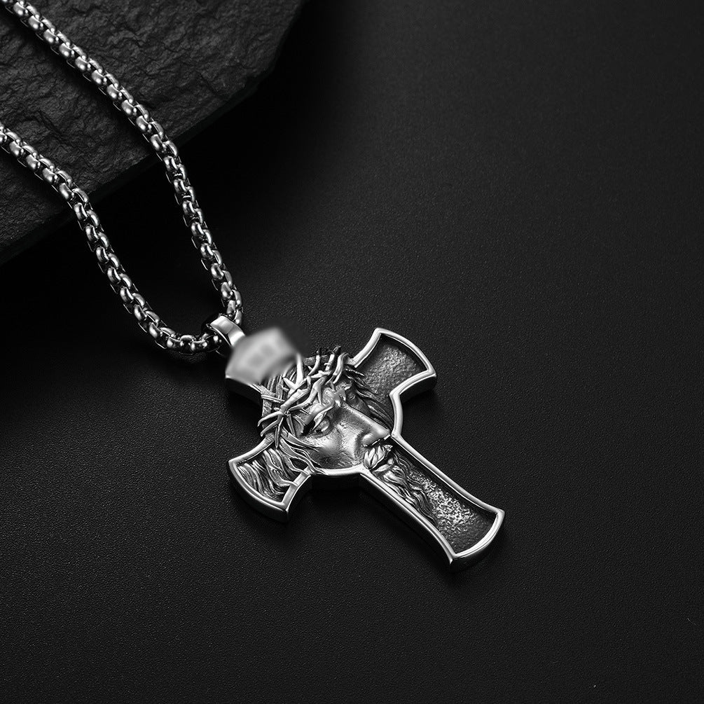 Retro Style Stainless Steel Portrait Cross Necklace Pendant for Men