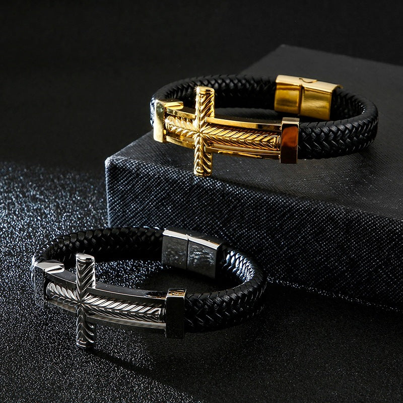Tide & Cool Wheat Ear Pattern Cross Titanium Steel Leather Bracelet Men's – Niche