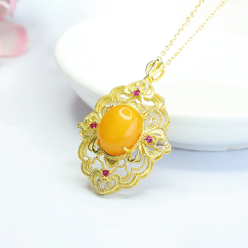 Floral Sterling Silver Necklace with Honey Amber Pendant