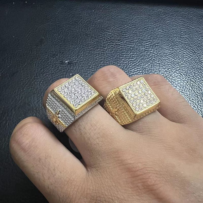 Planderful Hip Hop Ring Titanium Steel Gold Plated Zircon For Men Bold Urban Accessory