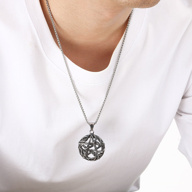Retro Pentagram Triple Moon Necklace, Gothic Wind Snake Wrapped Pentagram Men's Titanium Steel