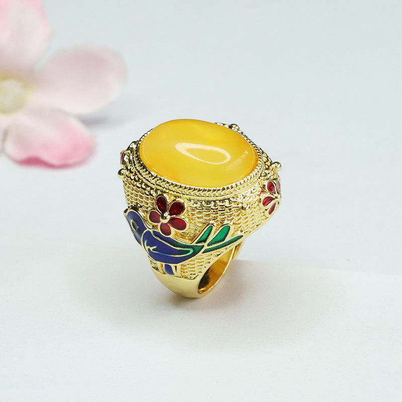 Vintage Wide Retro Amber Beeswax Sterling Silver Pigeon Egg Flower Bird Ring