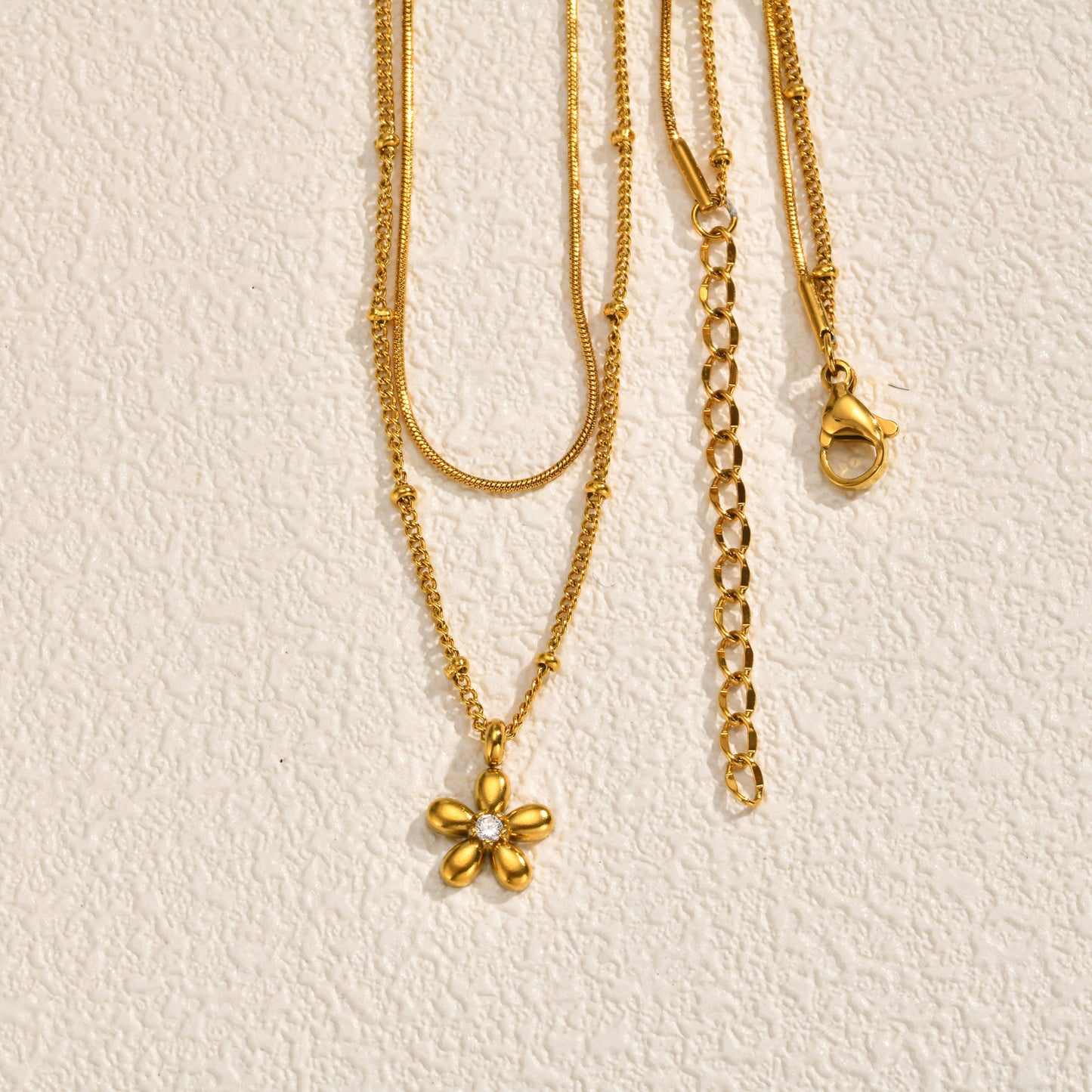 Stainless Steel – French Design Bead Chain Square Snake Chain Flower Double Necklace
