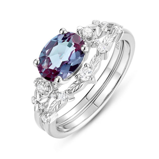 Planderful Jewelry Sterling Silver Alexandrite Ring With Oval Stone And Leaf Zircon Accent