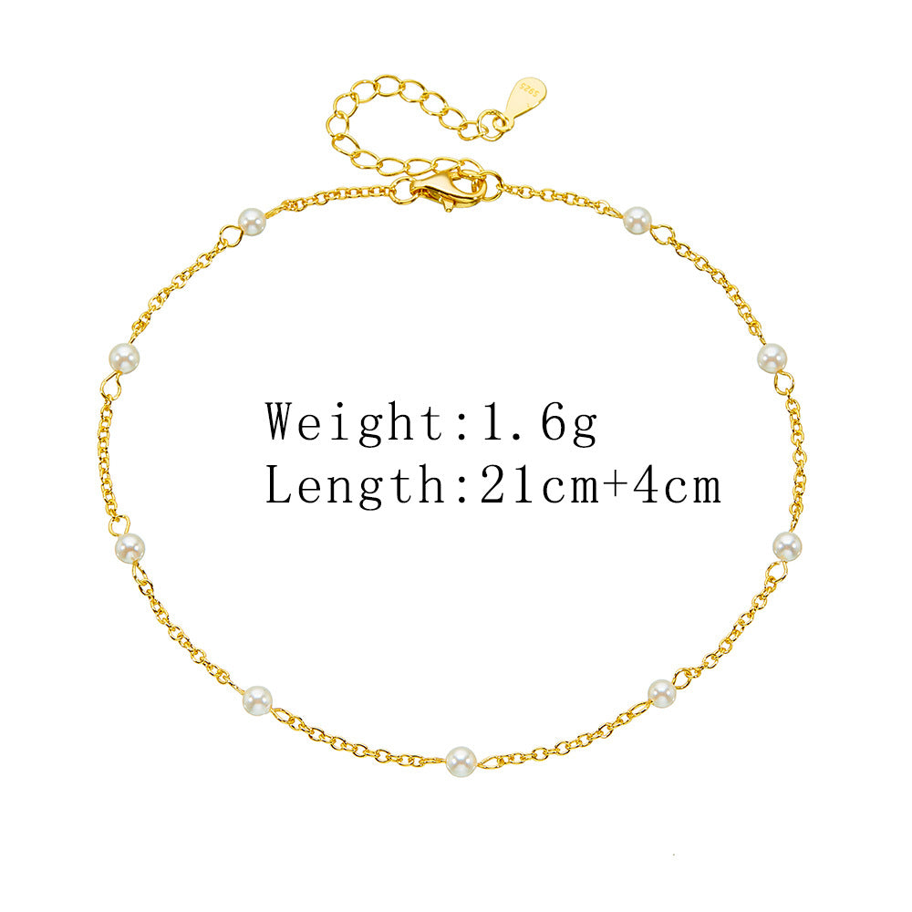 S925 Sterling Silver Plated 14k Gold Pearl Beaded Anklet And 3mm Bead Foot Bracelet