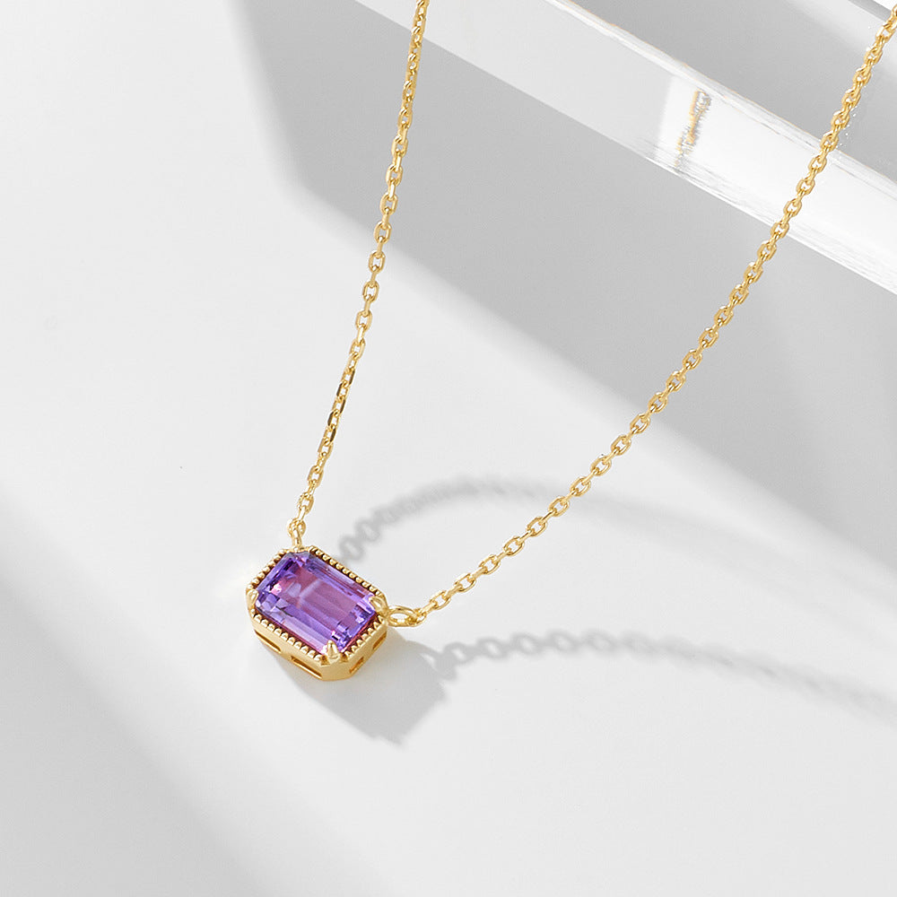 Rectangular Natural Amethyst Sterling Silver Necklace High-End Sense Decoration