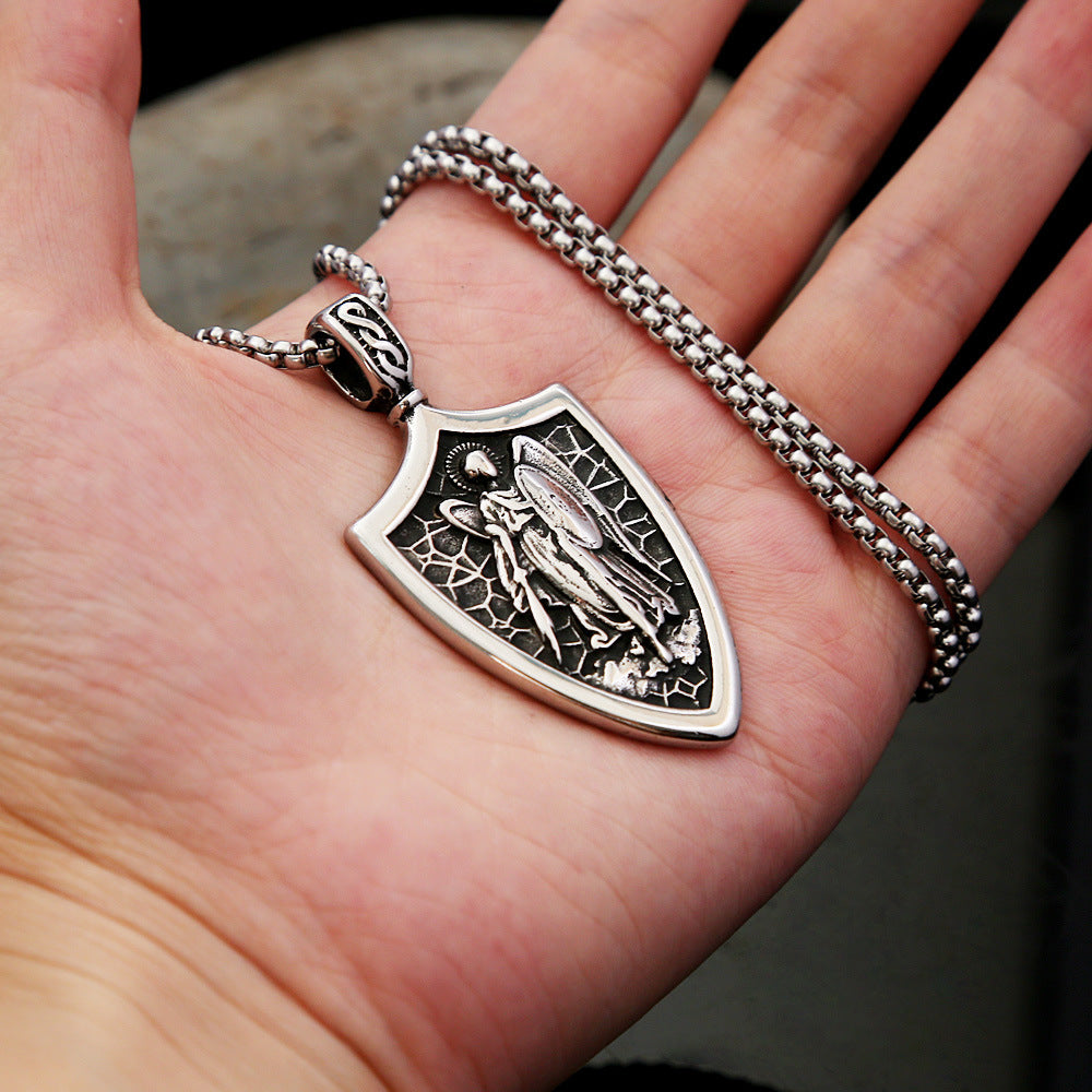 Vintage St. Michael Angel Stainless Steel Men's Pendant Necklace