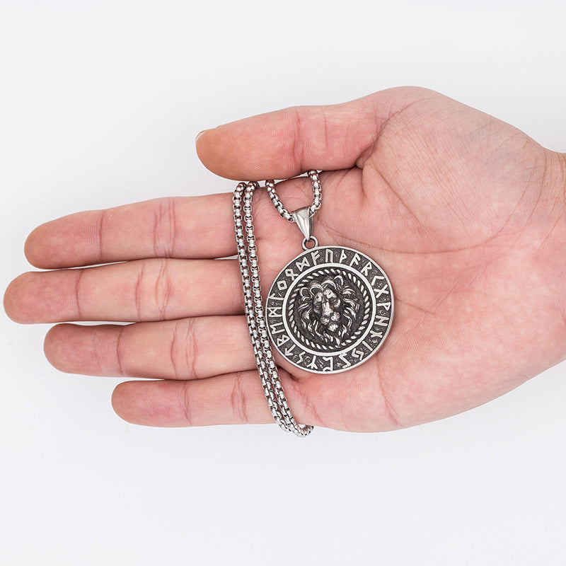 Steel Necklace – Vintage Viking Compass Lion Head