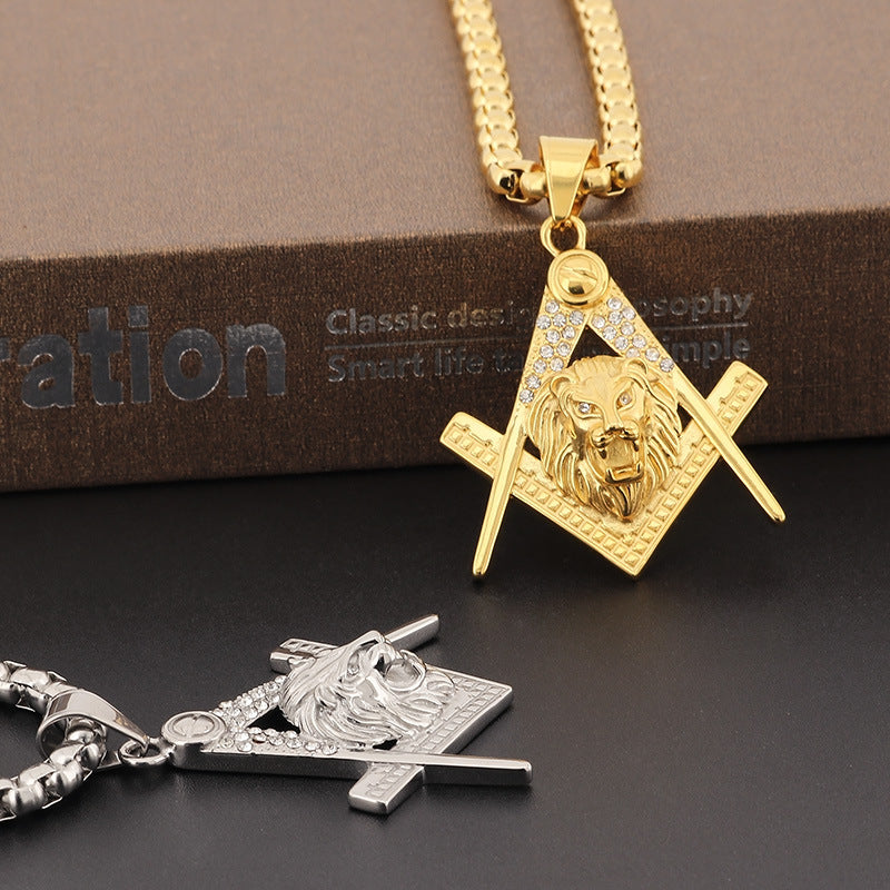 Stylish Stainless Steel Masonic Lion Head Pendant with Zircon Accents for Men