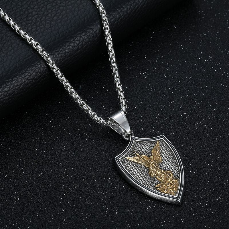 Steel Necklace - Vintage Saint Michael Shield Pendant