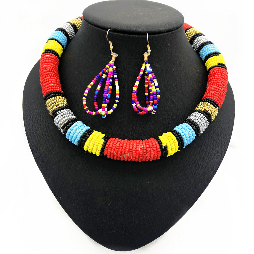 African Style Beaded Necklace Set with Earrings
