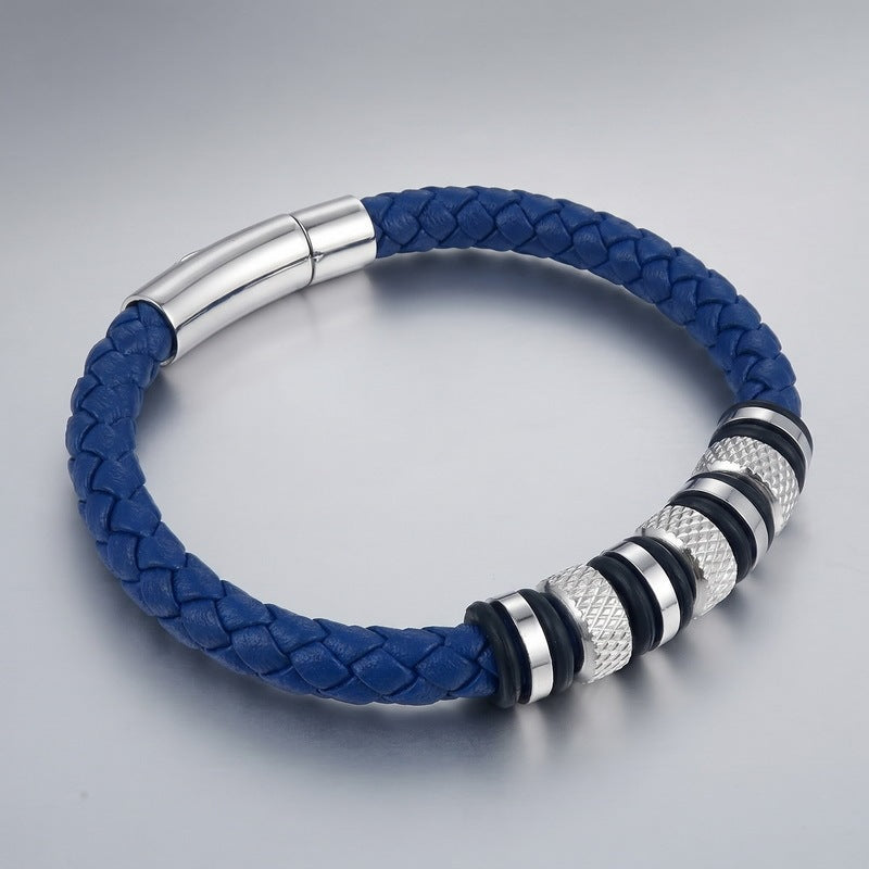 Rhombus Knurled Titanium Steel Ball Woven Microfiber Leather Magnetic Buckle Leather Bracelet