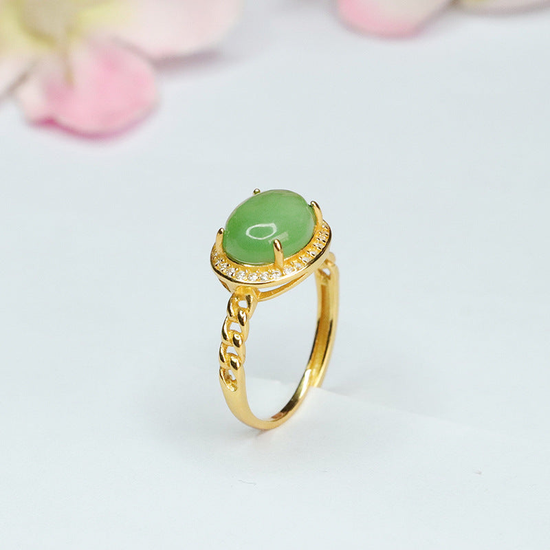 Jade Jasper Zircon Halo Ring - Adjustable Oval Silver Ring