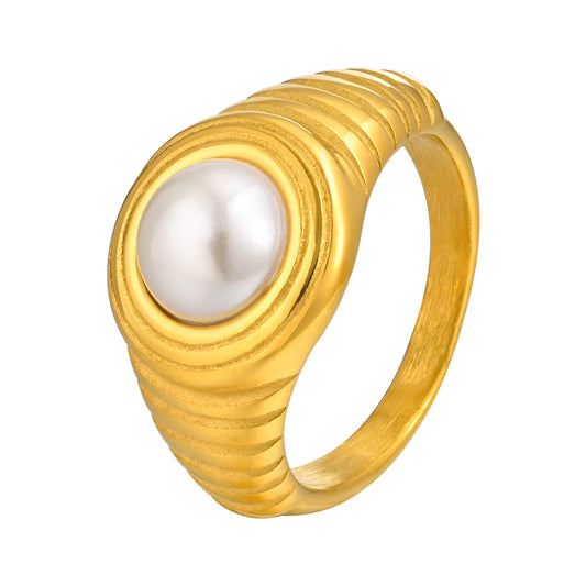 Casting Stainless Steel Smooth Geometric Imitation Pearl Gold Ring