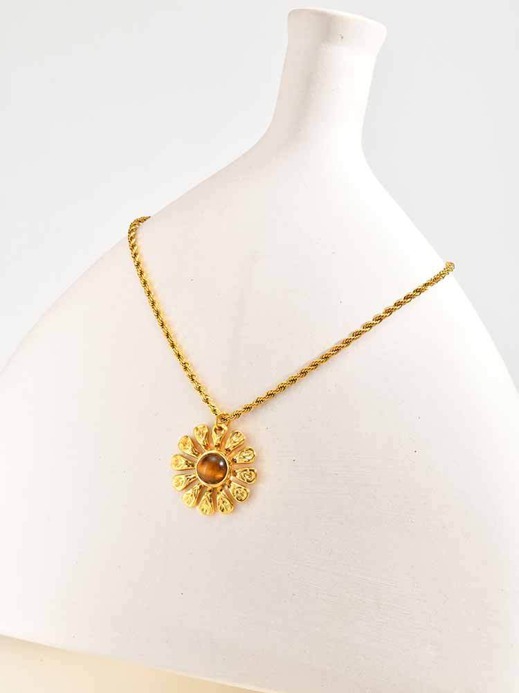 Stainless Steel French Flower Natural Tiger's Eye Necklace