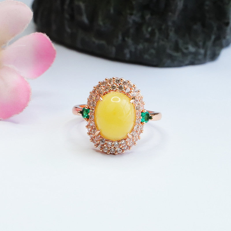 Exquisite Sterling Silver Ring adorned with Amber Beeswax and Green Zircon