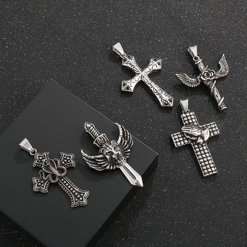 Flying Wings Pendant, Gothic Lion Head Rose Cross Wings Titanium Steel Men's Pendant Necklace