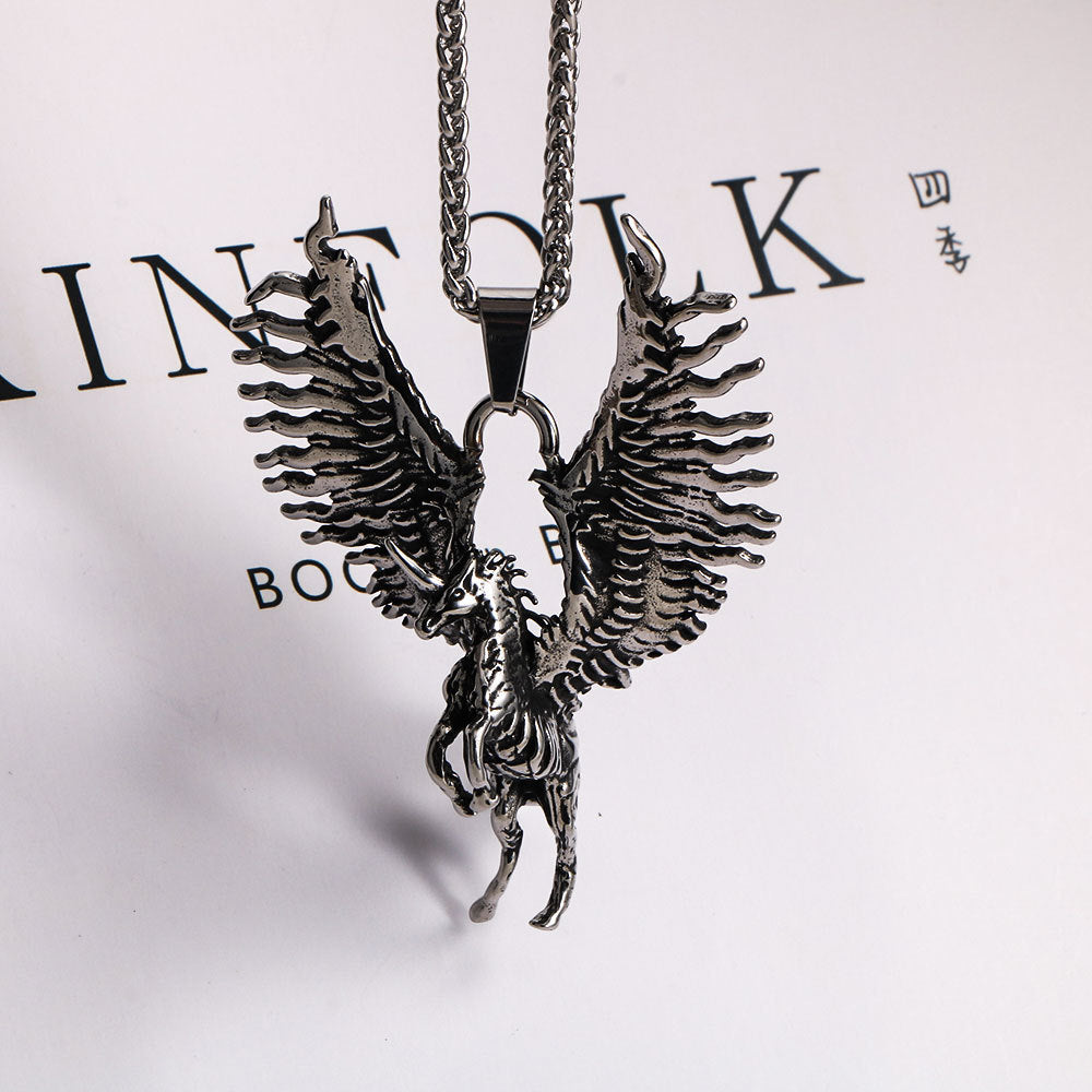 Tianma Men's Stainless Steel Necklace Pendant – Locomotive Hip-Hop Unicorn Wing