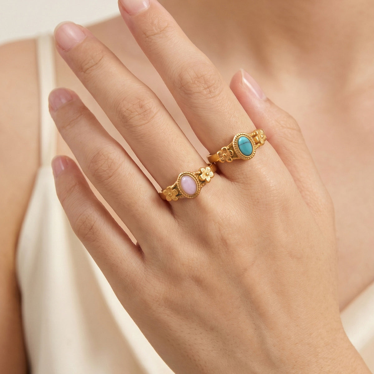 Stainless Steel Oval Egg Powder Spar Flower Opening French Light Girlfriend Gift Ring