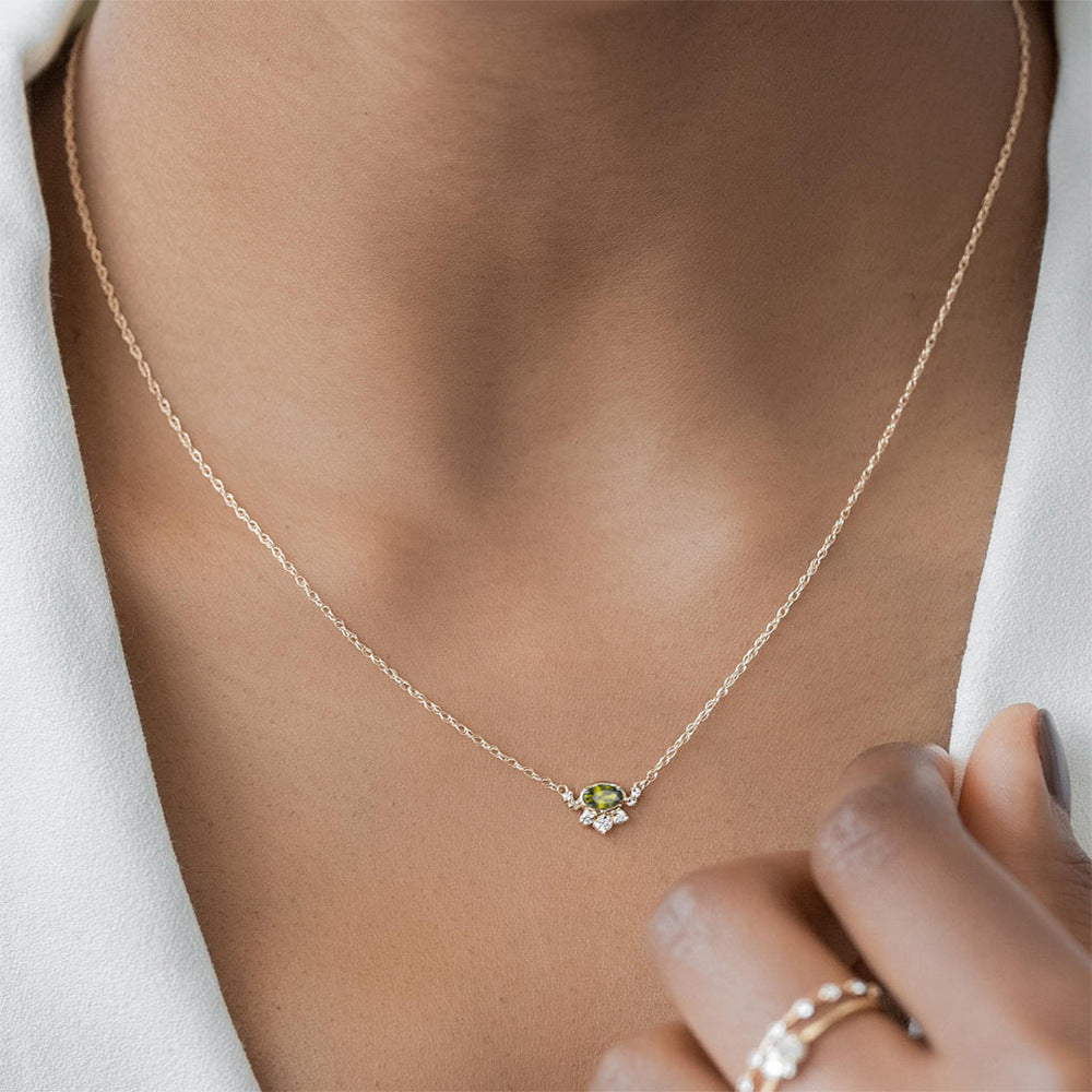 S925 Sterling Silver Egg-Shaped Olive Green Zircon Pendant Necklace Wind Color Treasure Necklace