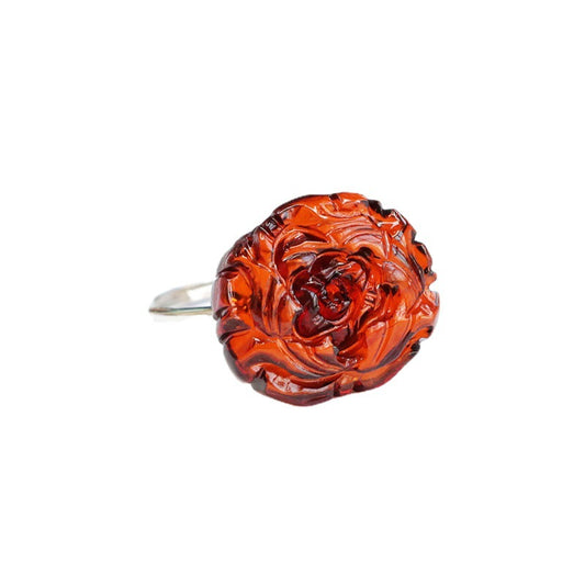 Blood Amber Peony Flower Sterling Silver Ring