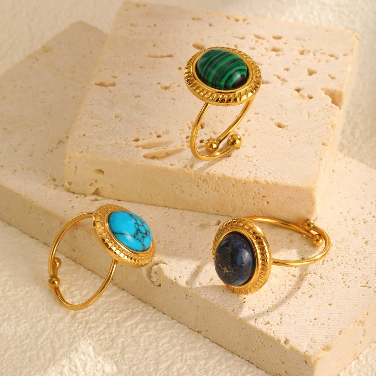 Stainless Steel Oval Natural Stone Design Sense Open Ring Gold