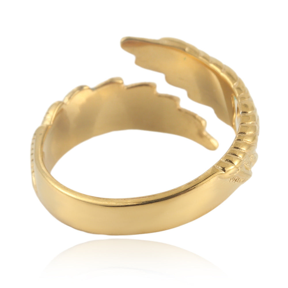 Titanium Steel Retro Feather Wing Ring for Men - European and American Style