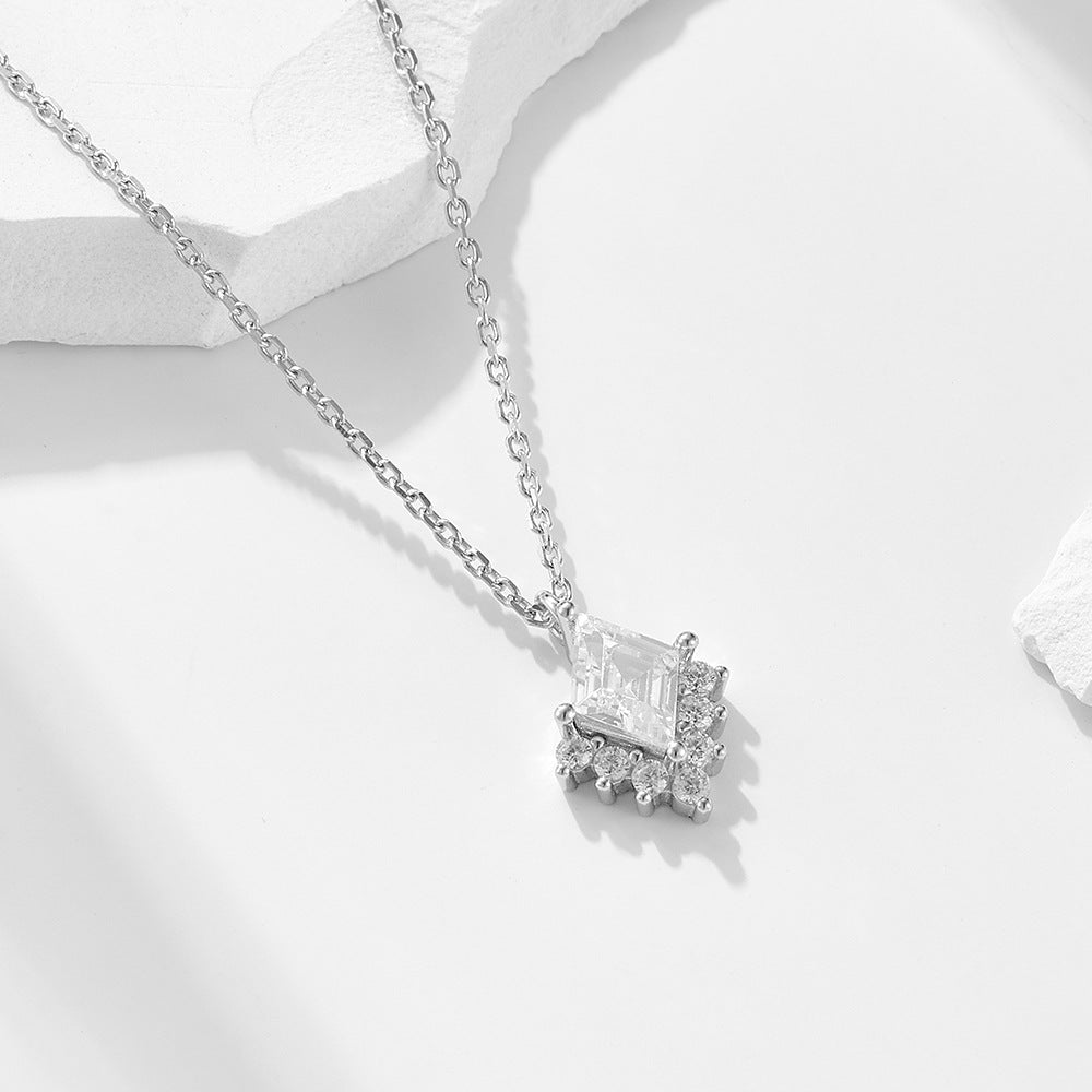 925 Sterling Silver Geometric Rhombus Zircon Pendant Necklace Style Versatile Necklace
