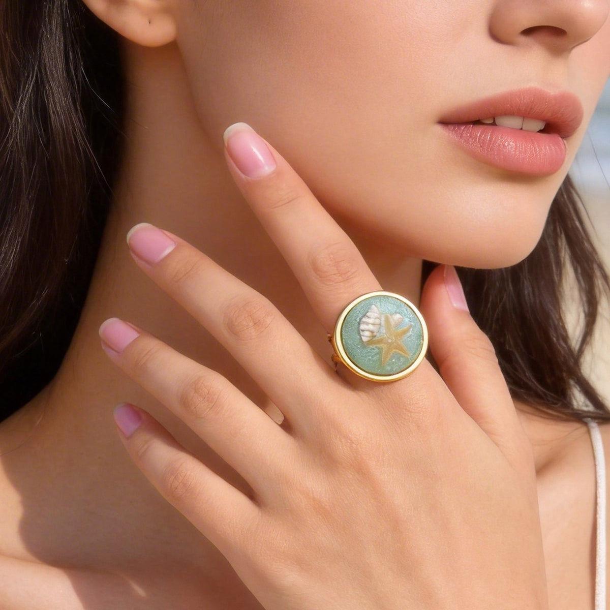French Stainless Steel Resin Ocean Turquoise Starfish Pearl Opening Women's Ring