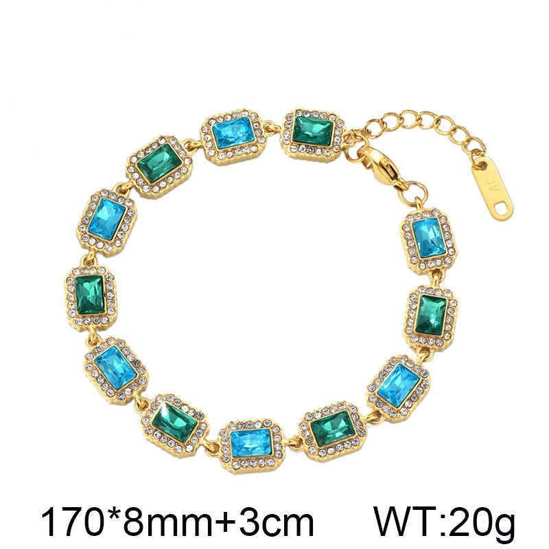 Color Surrounding Square Zircon Stainless Steel Bracelet Palace Style Adjustable