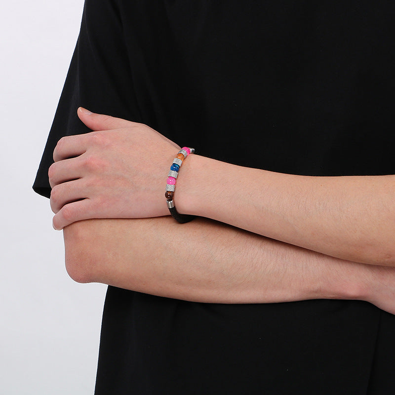 Planderful Men Magnetic Buckle Quartz Stone Leather Bracelet