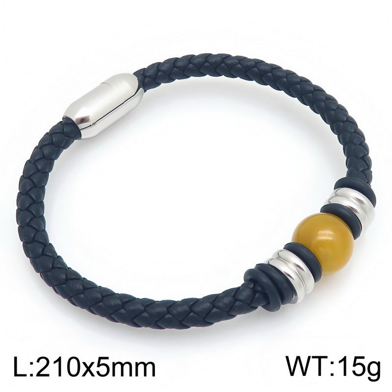 Woven Leather Rope Bracelet Tiger's Eye Stone Lapis Lazuli Magnetic Buckle Stainless