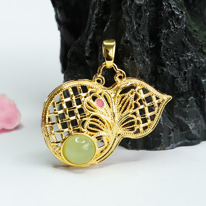Golden Gourd Sterling Silver Jade Pendant with Hollow Design
