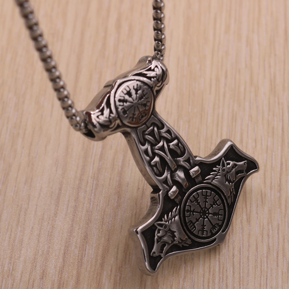 Viking Odin Hammer Wolf Head Pendant Necklace - Titanium Steel Jewelry for Men