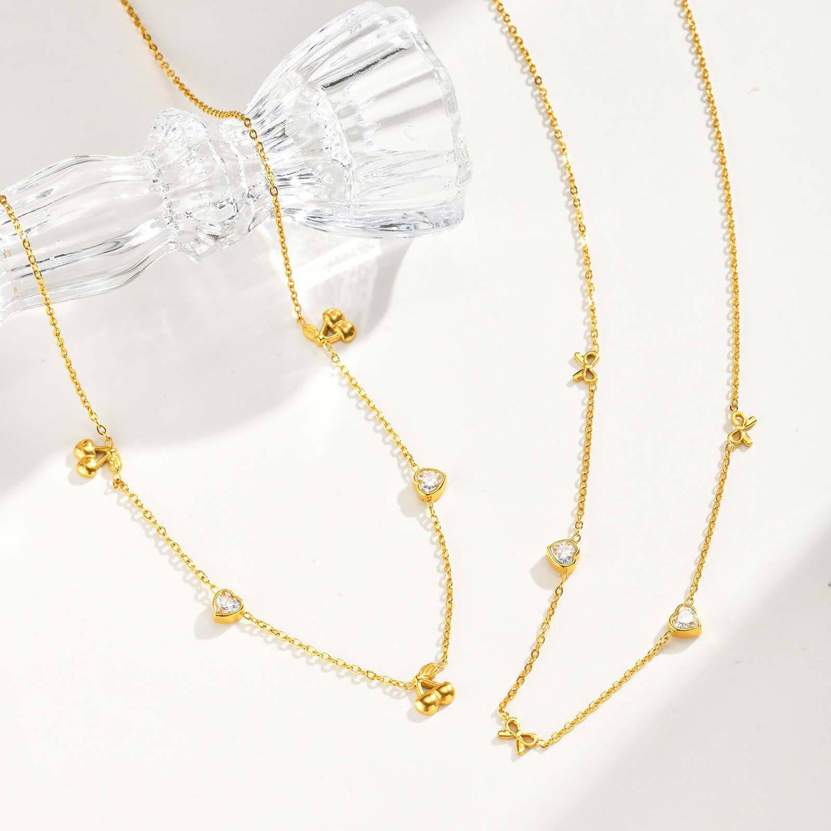 Stainless Steel Heart-Shaped White Zircon Cherry Heart-Shaped White Zircon Bow Necklace