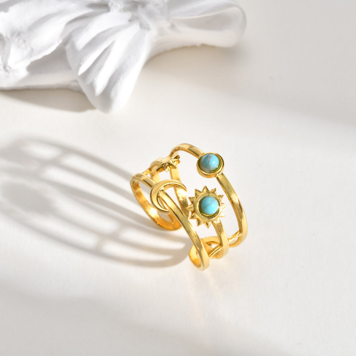 Stainless Steel Version Sweet Cool Wind Turquoise Star & Moon Three-Layer Open Ring Gold