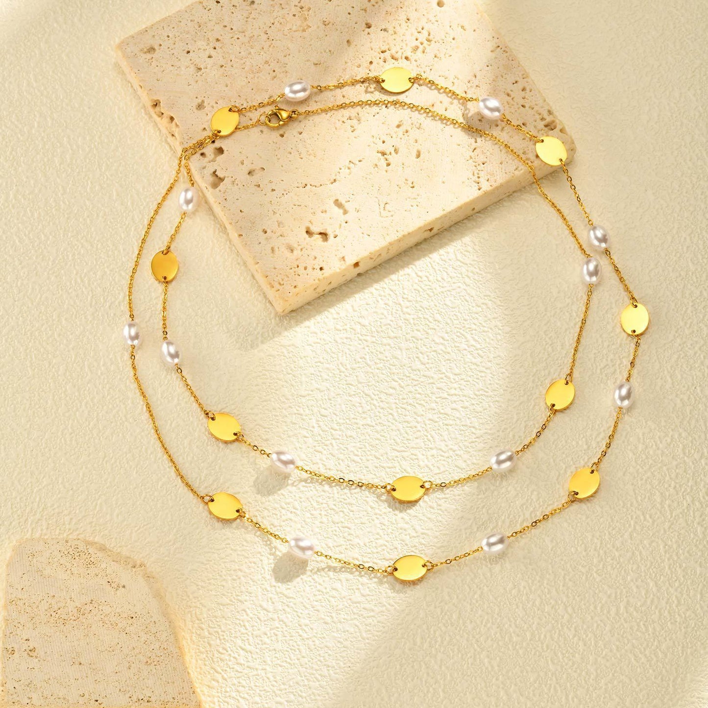 Stainless Steel Women's Style Imitation Pearl Heart Shape Stackable Necklace Gold