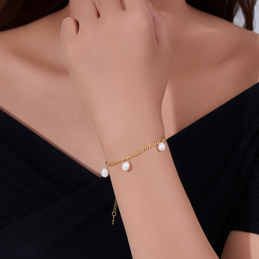 Elegant Natural Cultured Pearl Bracelet S925 Sterling Silver Plated 18k Gold