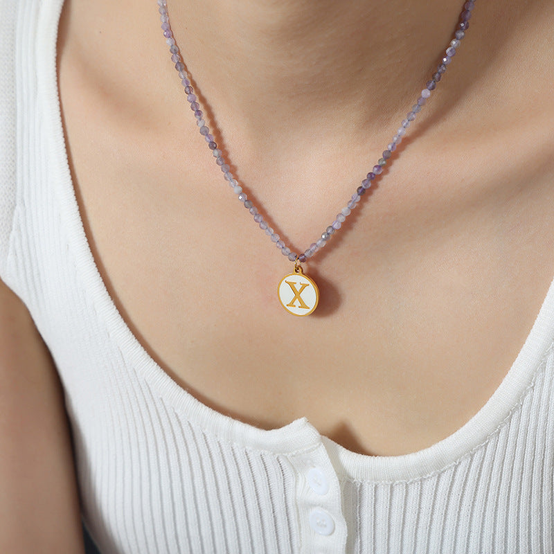 Luxurious Titanium Gold-Plated Mother-of-Pearl Pendant Necklace with Zircon Details