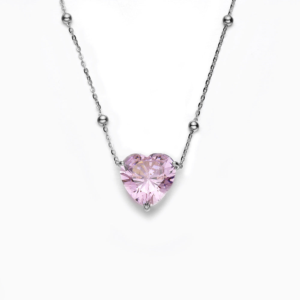 Peach Pink Love Zircon Sterling Silver Necklace Exquisite Heart