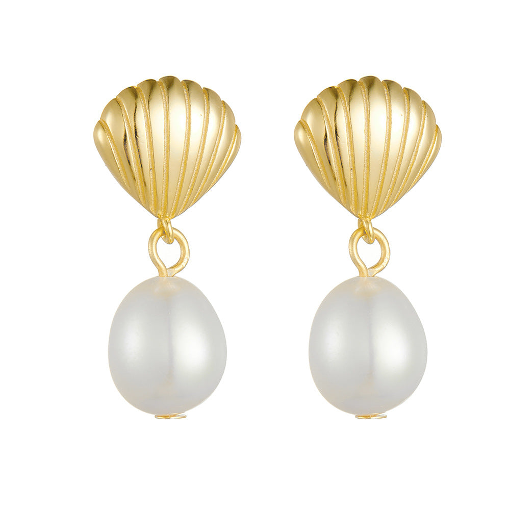 S925 Sterling Silver Shell Natural Irregular Freshwater Pearl Stud Earrings