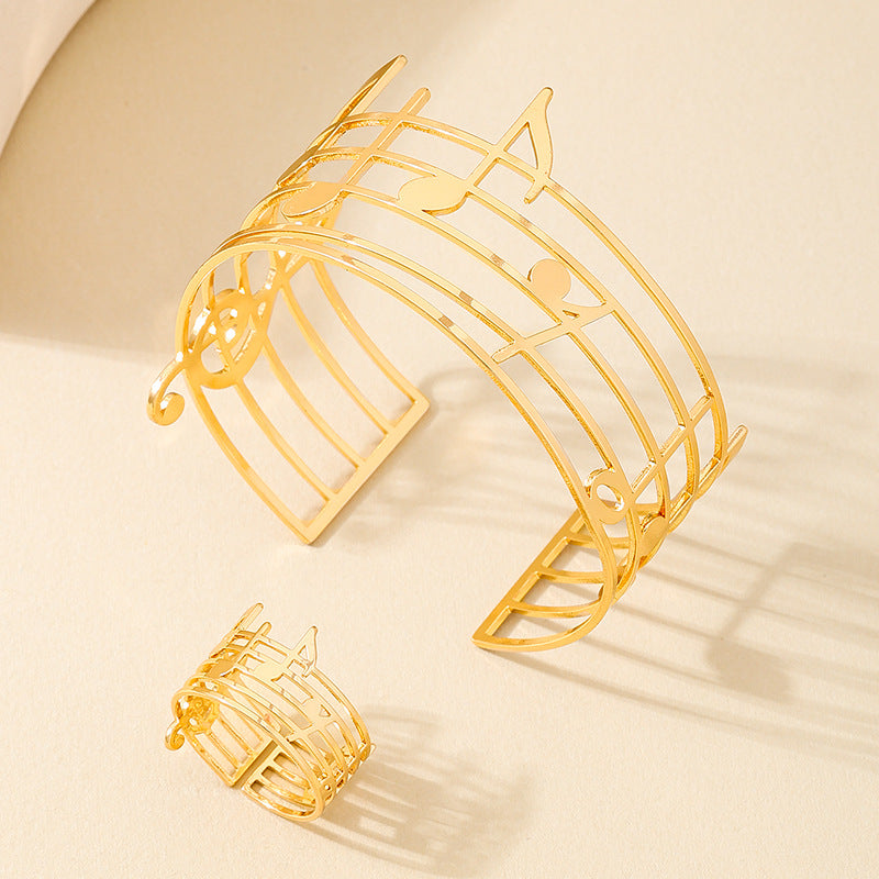 Fashionable Metal Music Note Bracelet Ring Set for Women