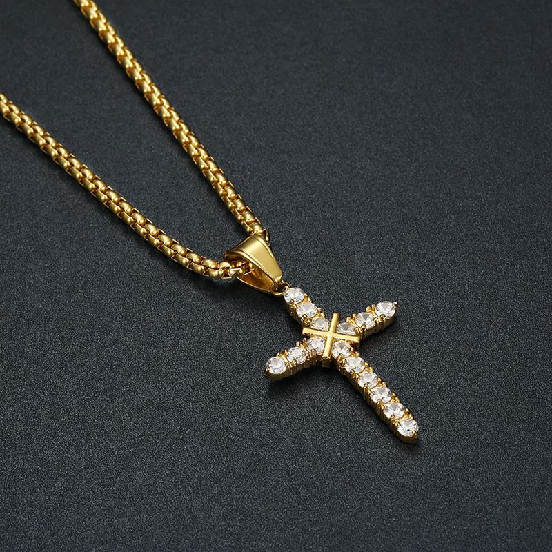 Planderful Hip Hop Jewelry Titanium Steel Gold Plated Zircon Cross Pendant Necklace For Men